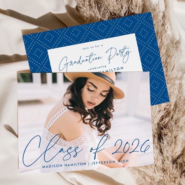 Modern Class of 2025 Blue Script Graduation Party Invitation (Creator Uploaded)