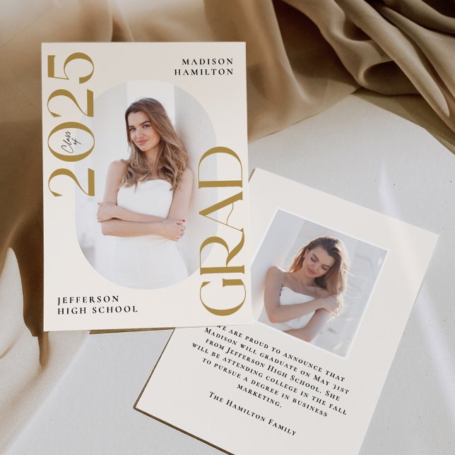 Modern Class of 2025 Gold Grad 2 Photo Graduation Announcement (Creator Uploaded)