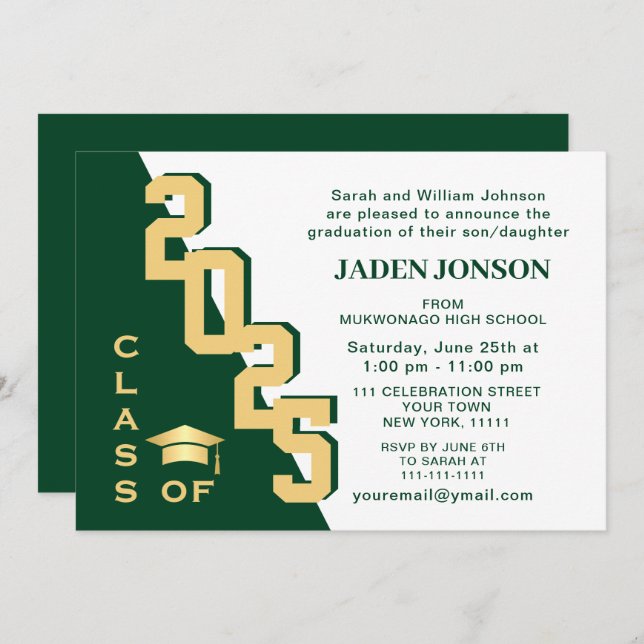Modern Class of 2025 Golden Green Graduation Party Invitation (Front/Back)