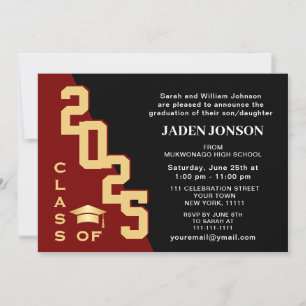 Modern Class of 2025 Golden Red Graduation Party Invitation