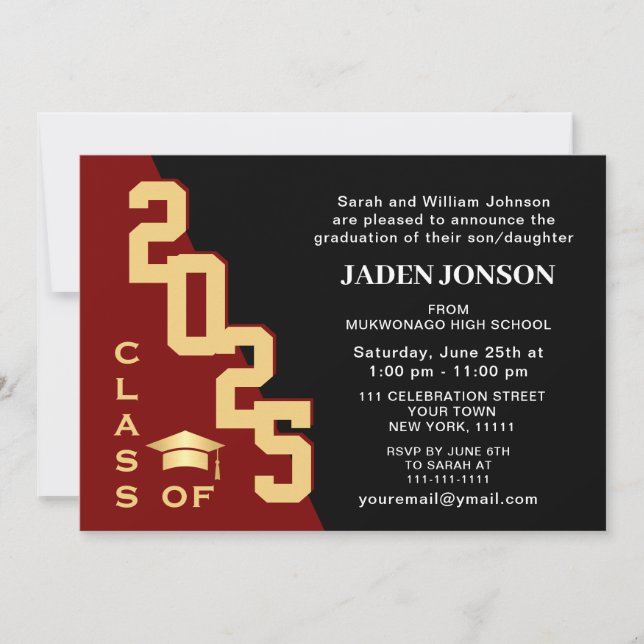 Modern Class of 2025 Golden Red Graduation Party Invitation (Front)