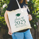 Modern Class of 2025 Green Script Graduation Tote Bag<br><div class="desc">Give the grad a personalised gift they will use! The graduation tote bag features a green graduation cap at the top of the design with "Class of 2025" displayed in bold green lettering. Personalise the green graduation tote bag with the graduate's name, school, and graduation year. The design repeats on...</div>