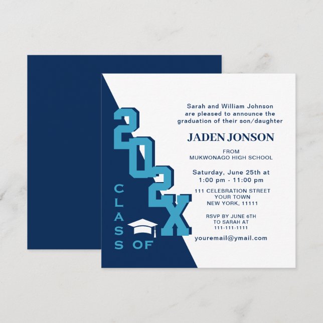 Modern Class of 2025 Navy Blue Graduation Party Invitation (Front/Back)