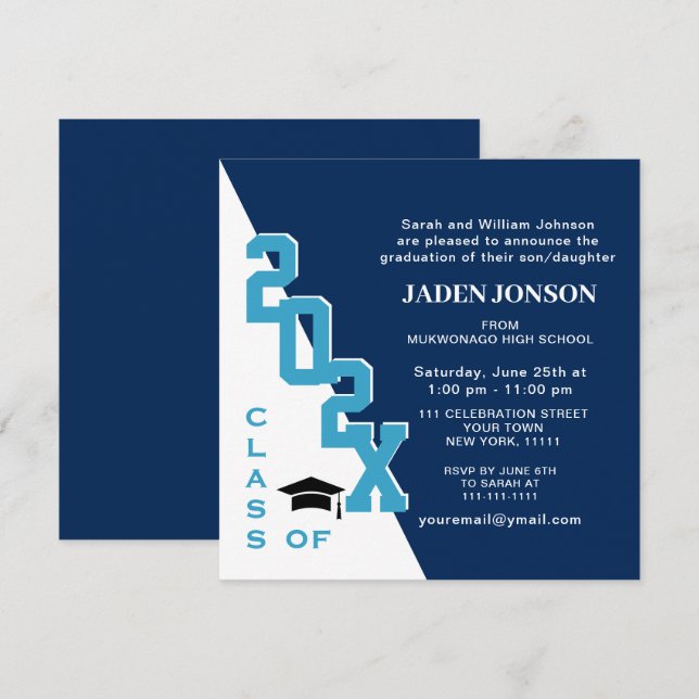 Modern Class of 2025 Navy Blue Graduation Party Invitation (Front/Back)