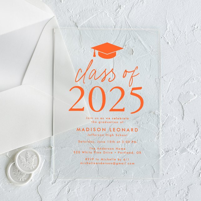 Modern Class of 2025 Orange Graduation Party Acrylic Invitations (Creator Uploaded)