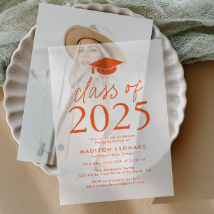 Modern Class of 2025 Orange Graduation Party Vellum Invitations