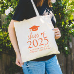Modern Class of 2025 Orange Script Graduation Tote Bag<br><div class="desc">Give the grad a personalised gift they will use! The graduation tote bag features an orange graduation cap at the top of the design with "Class of 2025" displayed in bold orange lettering. Personalise the orange graduation tote bag with the graduate's name, school, and graduation year. The design repeats on...</div>