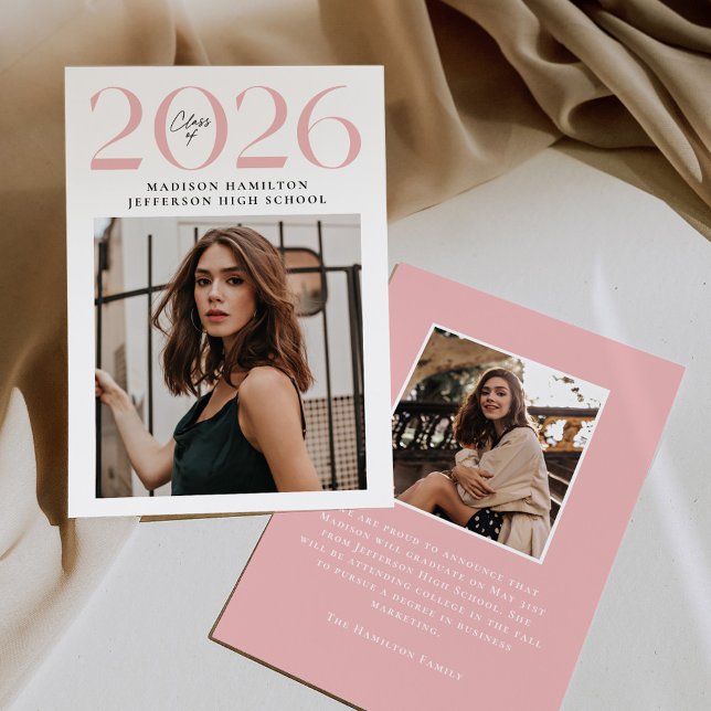 Modern Class of 2025 Pink 2 Photo Graduation Announcement (Creator Uploaded)