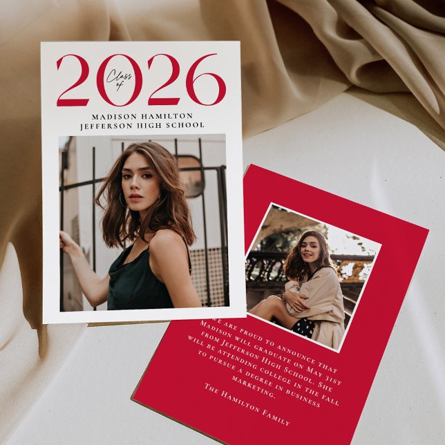 Modern Class of 2025 Red 2 Photo Graduation Announcement (Creator Uploaded)
