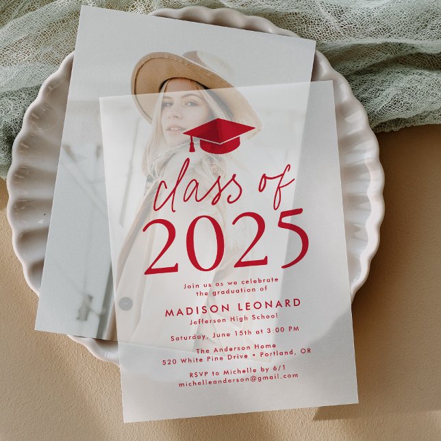 Modern Class of 2025 Red Graduation Party Vellum Invitations (Creator Uploaded)