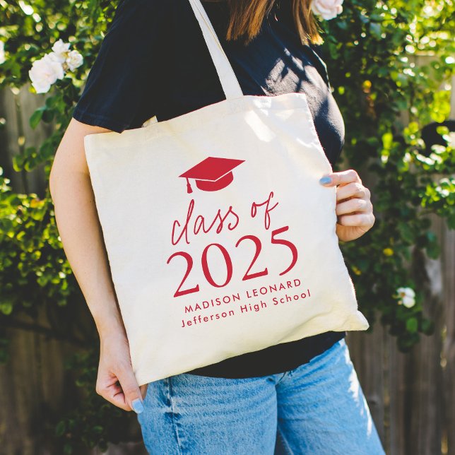 Modern Class of 2025 Red Script Graduation Tote Bag (Creator Uploaded)
