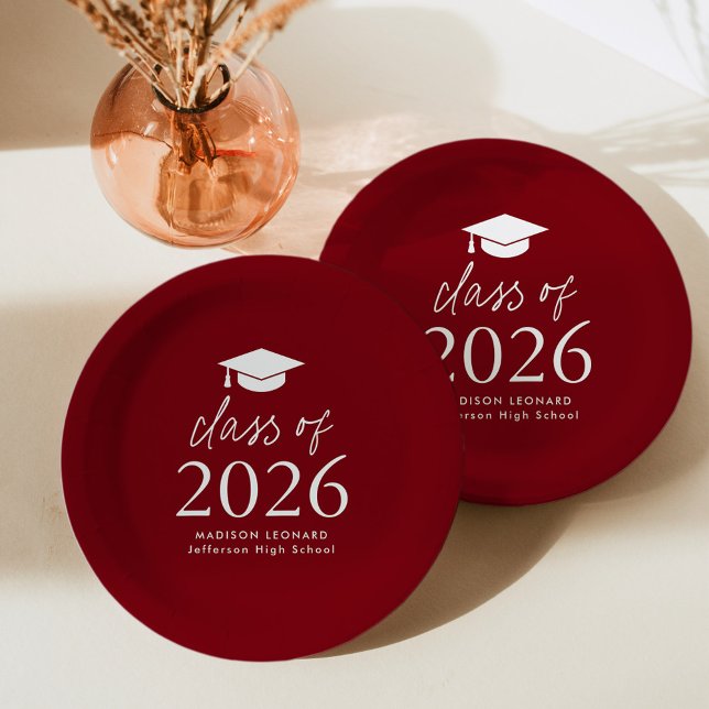 Modern Class of 2025 Script Burgundy Graduation Paper Plate (Creator Uploaded)