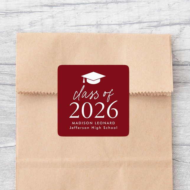 Modern Class of 2025 Script Burgundy Graduation Square Sticker (Creator Uploaded)