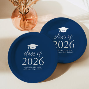 Modern Class of 2025 Script Navy Blue Graduation Paper Plate