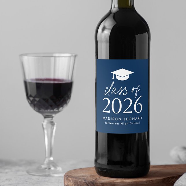 Modern Class of 2025 Script Navy Graduation Wine Label (Creator Uploaded)