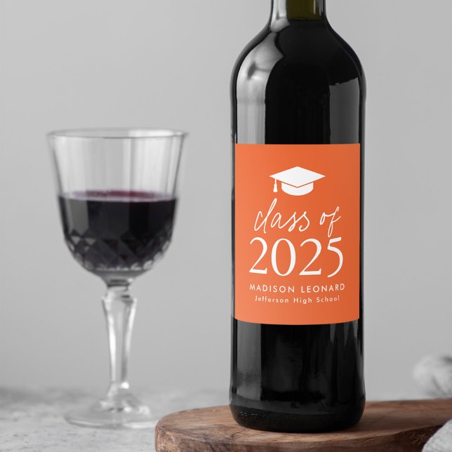 Modern Class of 2025 Script Orange Graduation Wine Label (Creator Uploaded)