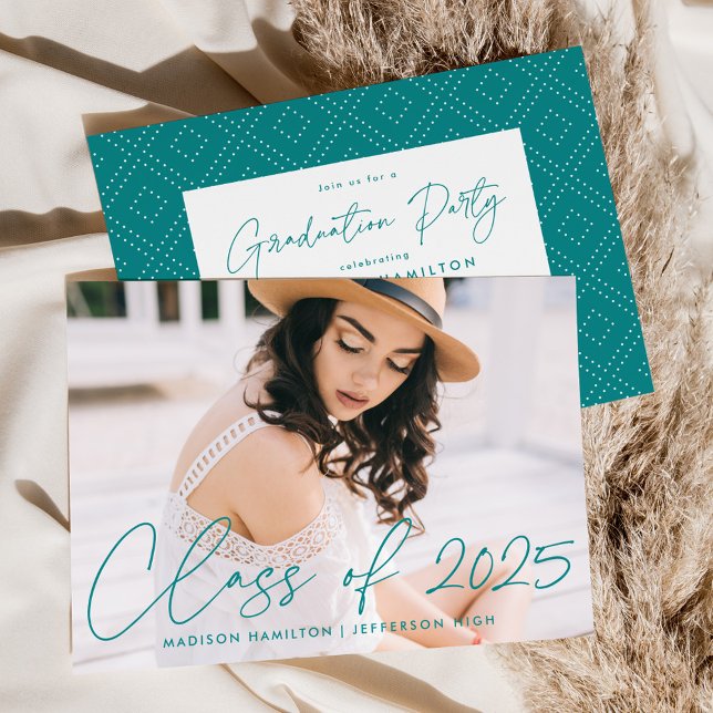 Modern Class of 2025 Teal Script Graduation Party Invitation (Creator Uploaded)