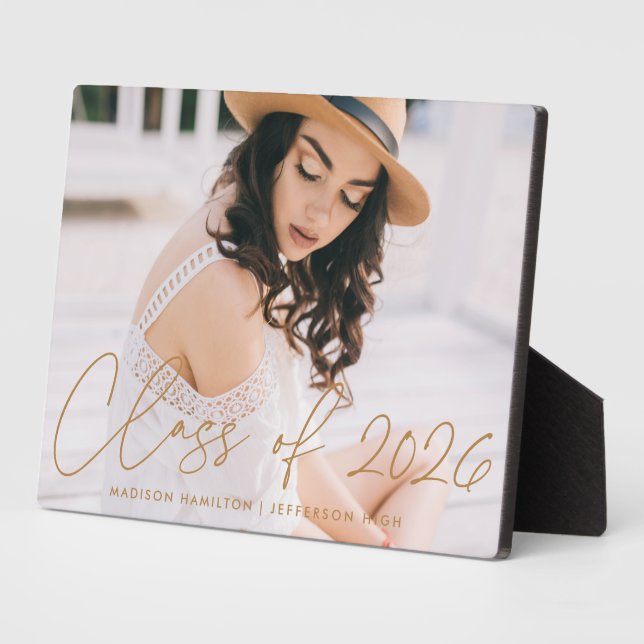 Modern Class of 2026 Gold Script Graduation Photo Plaque (Side)