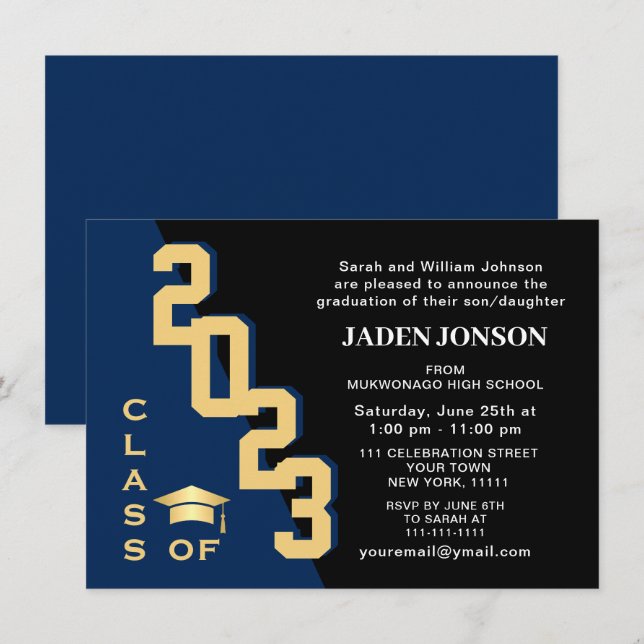 Modern Class of 2026 Golden Navy Graduation Party Invitation (Front/Back)