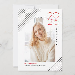 Modern class of 2026 graduate black, red photo announcement