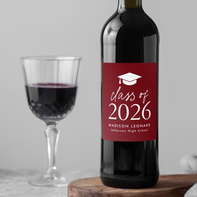 Modern Class of 2026 Script Burgundy Graduation Wine Label (Creator Uploaded)
