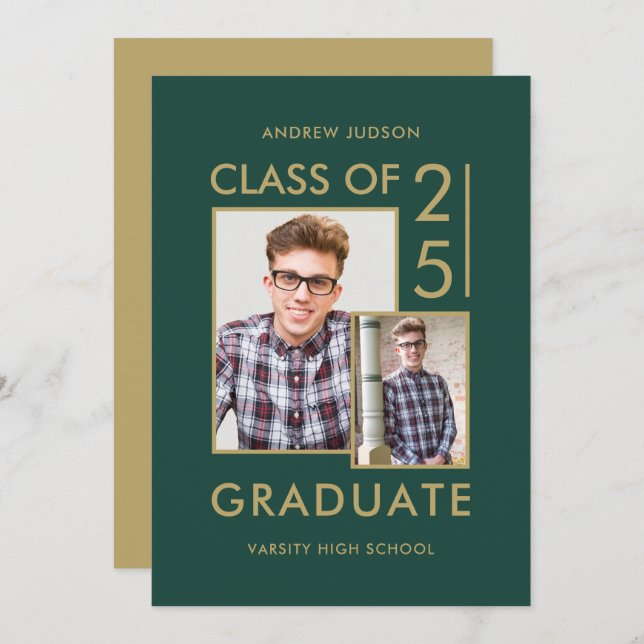 Modern Class Of 25 Green 2 Photos Open House Invitation (Front/Back)