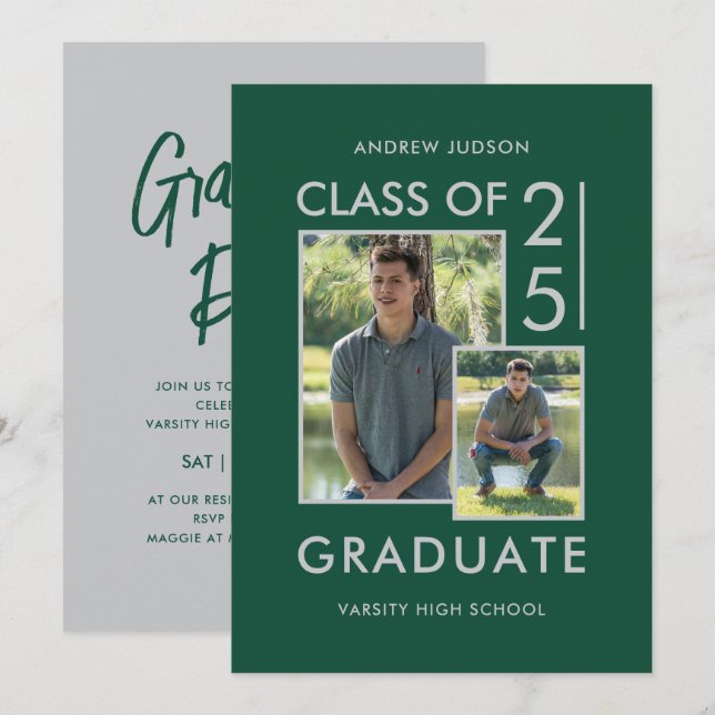 Modern Class Of 25 Green Silver 2 Photo Grad Party Invitation (Front/Back)