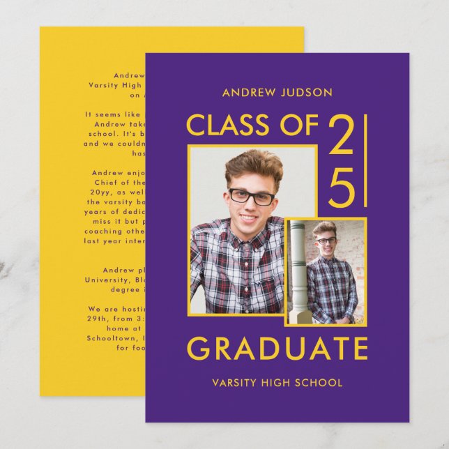 Modern Class Of 26 Purple 2 Photos Open House Invitation (Front/Back)