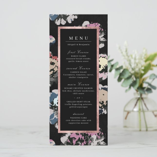 Modern classic black abstract floral wedding menu (Standing Front)