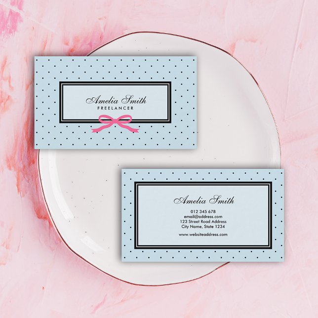 Modern Classic Black Blue Polka Dot Red Ribbon Business Card (Creator Uploaded)
