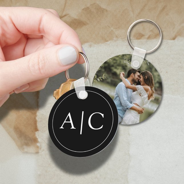  Modern Classic Black Monogram Wedding Photo Key Ring (Creator Uploaded)
