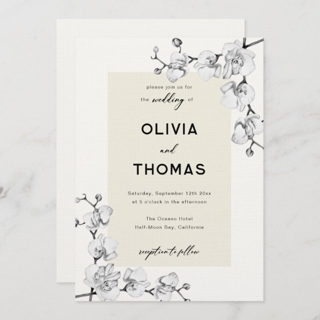 Modern Classic Black White Orchids Frame Wedding Invitation (Front/Back)