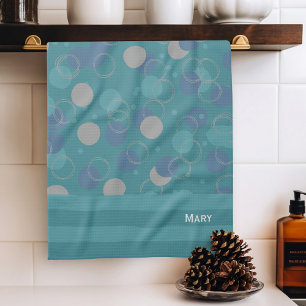 Modern Classic Blue Circles Pattern First Name Tea Towel