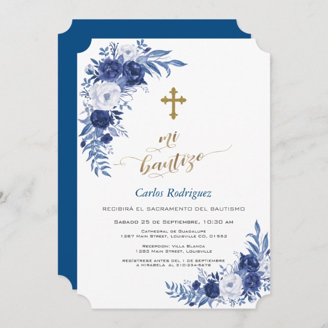 Modern Classic Blue Flowers Cross Boy Mi Bautizo Invitation (Front/Back)
