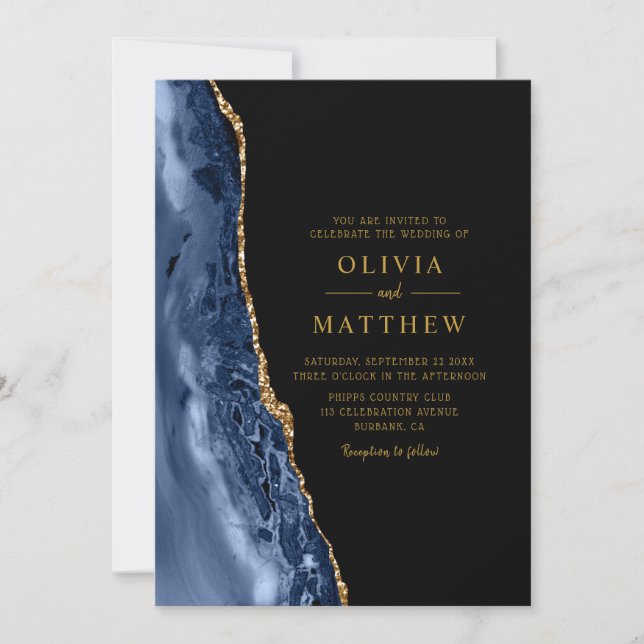Modern Classic Blue Gold Agate Wedding Invitation (Front)