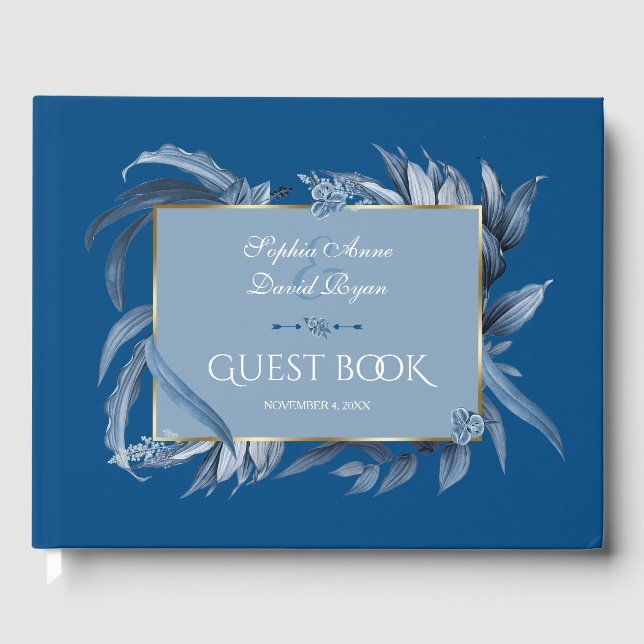 Modern Classic Blue Leaves Geometric Gold Wedding Guest Book (Front)