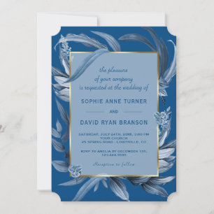 Modern Classic Blue Leaves Geometric Gold Wedding Invitation