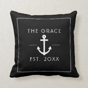 Modern Classic Boat Name Nautical Black Cushion