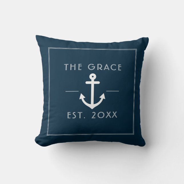 Modern Classic Boat Name Nautical Navy Cushion (Front)