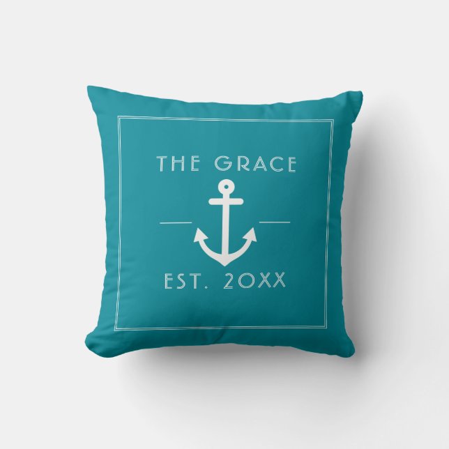 Modern Classic Boat Name Nautical Teal Cushion (Front)