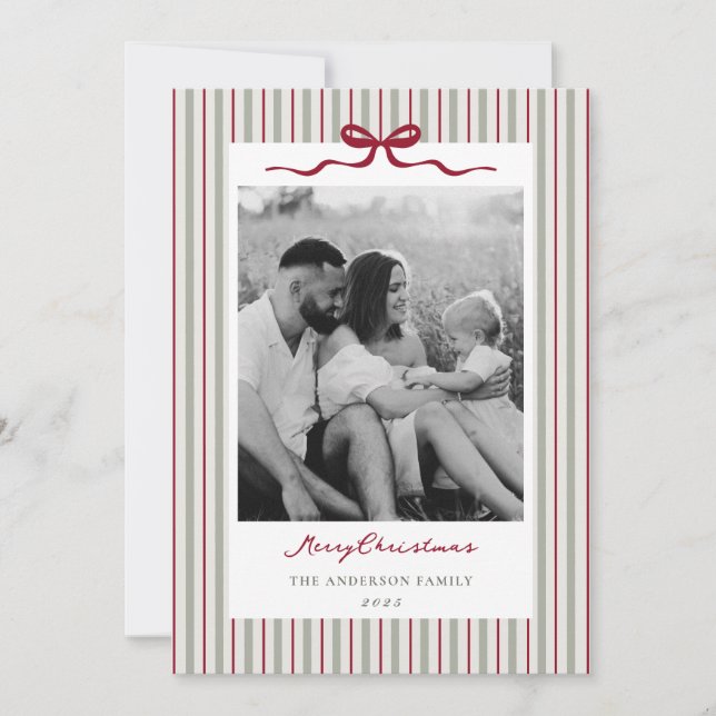 Modern Classic Bow and Stripes Two Sided Photo Holiday Card (Front)