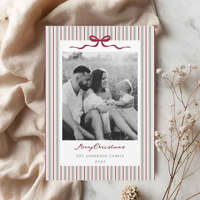 Modern Classic Bow and Stripes Two Sided Photo Holiday Card (Creator Uploaded)