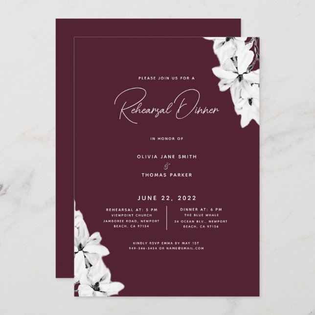 Modern Classic Burgundy Magnolia Rehearsal Dinner Invitation (Front/Back)