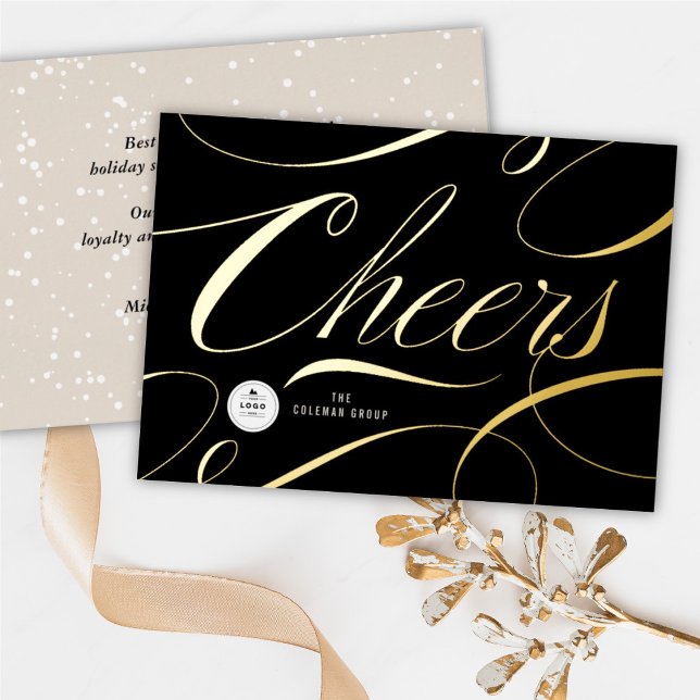 Modern Classic Cheers Calligraphy Elegant Business Foil Holiday Card (Creator Uploaded)