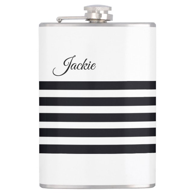 Modern Classic Custom Script White & Black Stripes Hip Flask (Front)