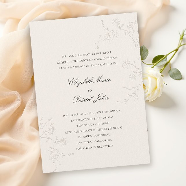 Modern Classic Delicate Wild Roses Ecru Wedding Invitation (modern classic wedding invitation card delicate wild roses wildflowers formal black tie ballroom)
