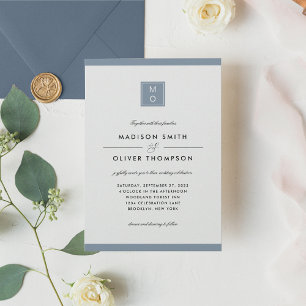 Modern Classic Elegant Dusty Blue Monogram Wedding Invitation
