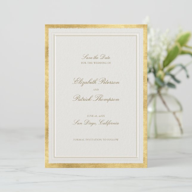 Modern Classic Formal Elevated Gold Ecru Wedding Save The Date (Standing Front)