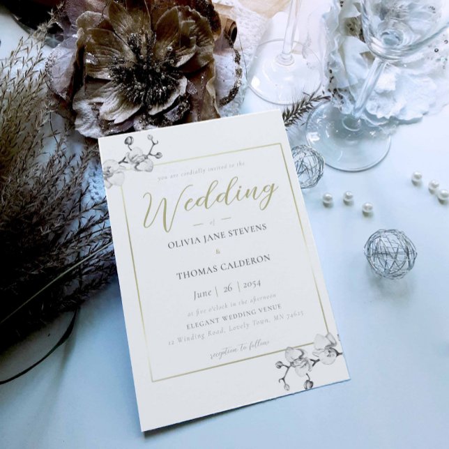 Modern Classic Frame Black Gold Orchid Wedding Invitation (Creator Uploaded)