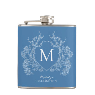 Modern Classic French Blue Floral Crest Monogram Hip Flask
